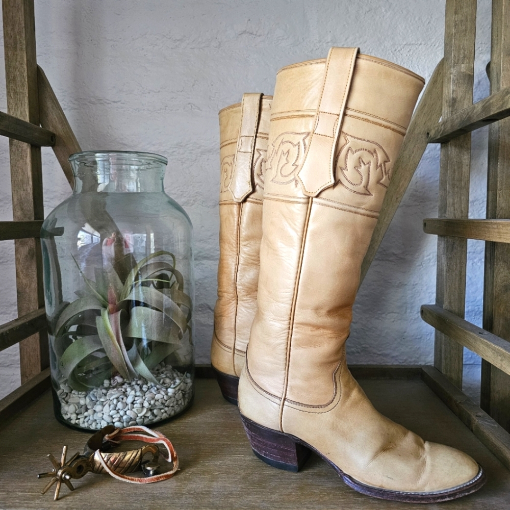 VTG Larry Mahan Tall Leather Western Boots Untouched Patina Made in Texas Sz 7 - Picture 12 of 12